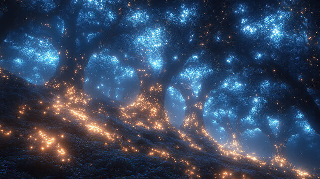 Fractal glowing trees in dark blue forest, holographic data flow effect, quantum technology theme, ultra wide 16:9 background