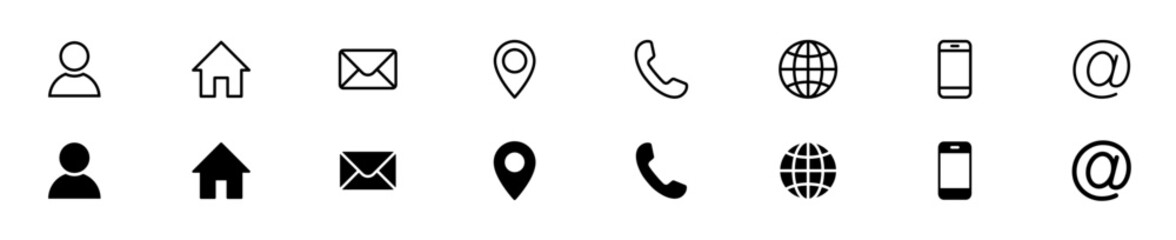 Contact icon set. Telephone, mail, address, web, user, home, location icons.