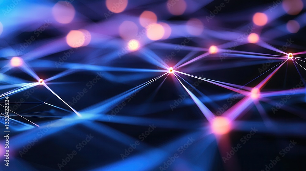 Poster a futuristic digital network grid with intersecting lines points and geometric shapes in shades of b