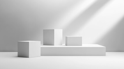 Mock podium stage with white cubes for product presentation.
