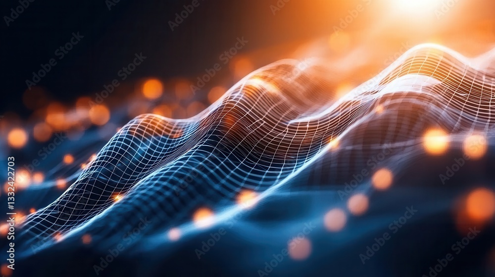 Poster flowing digital network structure with abstract wave patterns of dynamic colorful light and energy r