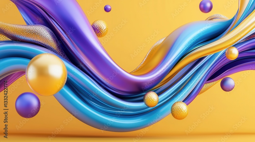 Poster this vibrant surreal digital composition features a dynamic flowing 3d sphere with an iridescent met