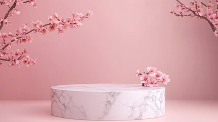 Mockup of white marble podium on pale pink backdrop for cosmetic branding with space for design.