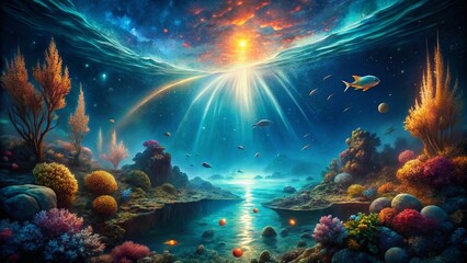 Fototapeta premium Tranquil Underwater Scene: Surreal Comet Light Patterns in Serene Ocean Depths