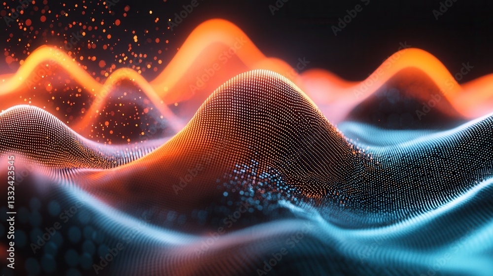 Poster captivating abstract visualization of a dynamic pulsating digital sound wave landscape with vibrant 