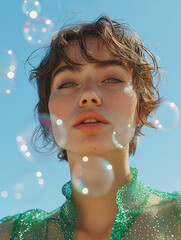 A dreamy outdoor fashion portrait featuring an androgynous model surrounded by iridescent soap bubbles. The vibrant natural light enhances the soft and glowing aesthetic.