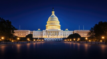 The U.S. Capitol building illuminated at night, with its grand dome glowing against the dark sky.