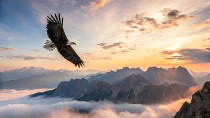 Fototapeta premium Bald Eagle Soaring Over Misty Mountains
