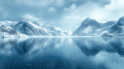 Snowy fjord landscape, winter scene, calm water, mountains reflecting