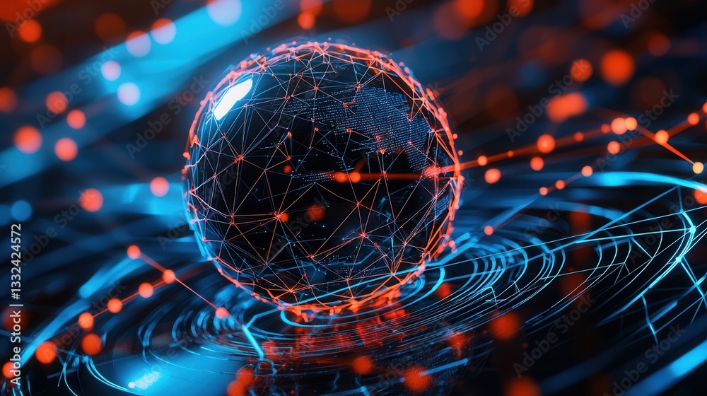 Poster a futuristic and abstract digital sphere with a complex network of connecting points and lines repre