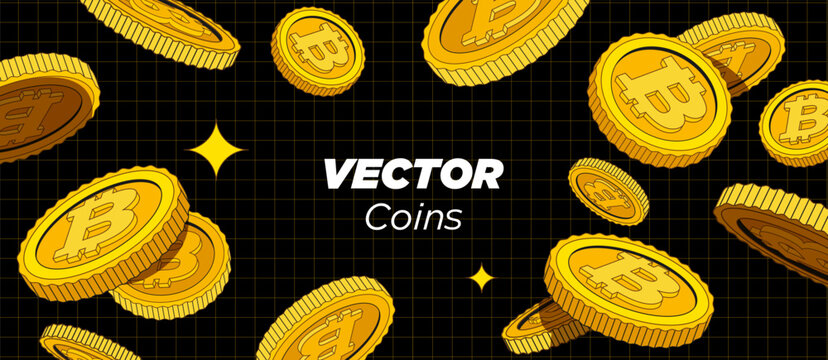 Bright golden bitcoins are falling or flying in dark background.