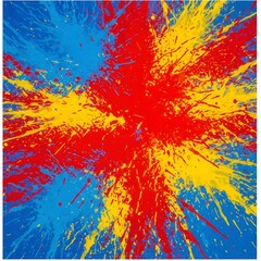 An abstract explosion of color with splatters of red, yellow, and blue paint against a textured, light brown background