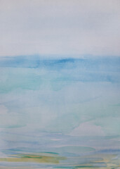 Abstract laconic marine landscape with cloudy skyline. Blurry calm waves on sandy seashore. Original painting watercolor with space for text.