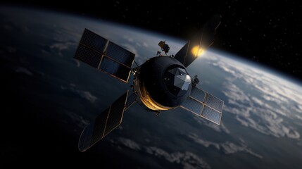 Fototapeta premium Spacecraft orbiting Earth, night view, solar panels deployed, distant planet visible