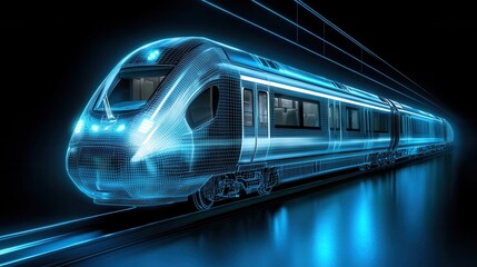 Naklejka premium A sleek futuristic looking high speed digital wireframe train racing along the tracks at an impressive velocity representing the advancements in modern rail transportation technology