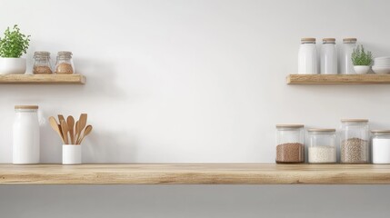 Obraz premium White wooden table and wall in kitchen, Wooden shelf, counter for displaying food and products, White desk top banner mockup.