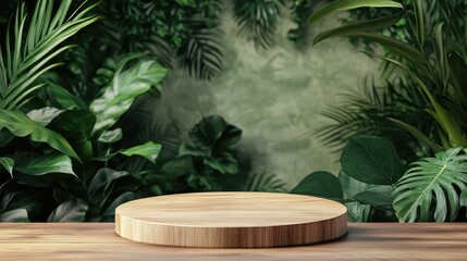 Wooden podium on table against green leafy background for design mockup
