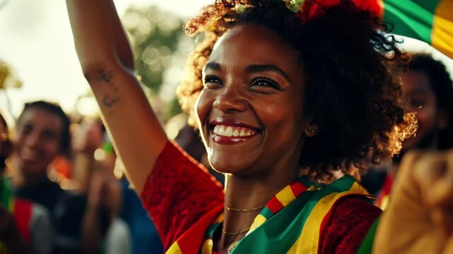 Young woman with Afro hairstyle wrapped in a vibrant flag, smiling proudly in a sunny celebration.