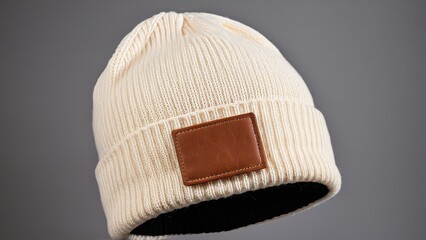 Stylish navy beanie mockup with leather label, perfect for winter fashion displays.