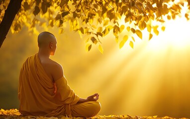 Golden Contemplation: A monk finds serenity in meditation beneath a tree, bathed in the soft glow of sunlight, embodying peace, mindfulness, and spiritual reflection.