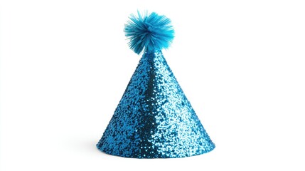 Blue glitter party hat with pompon on white background.