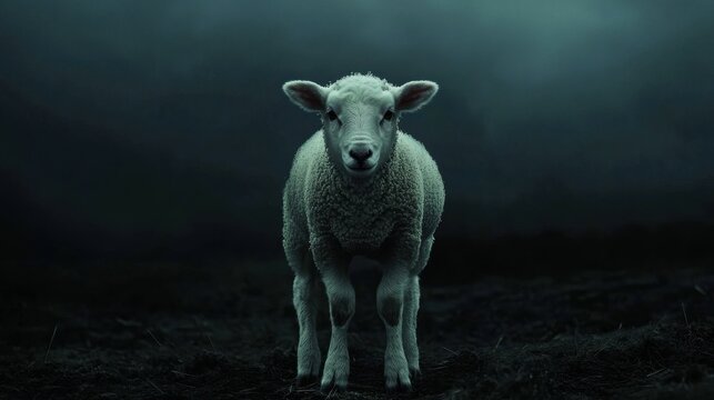 A lamb faces forward against a dark background, symbolizing purity and the Christian concept of the Lamb of God, representing sacrifice and innocence.