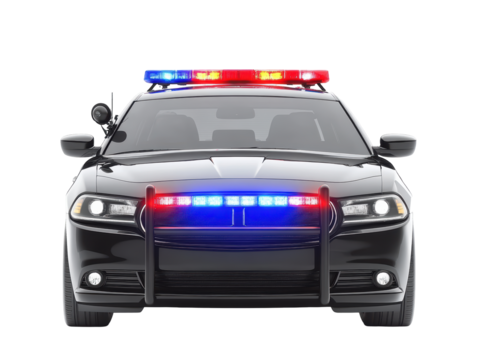 Isolated Sleek Black Police Car with Illuminated Lights