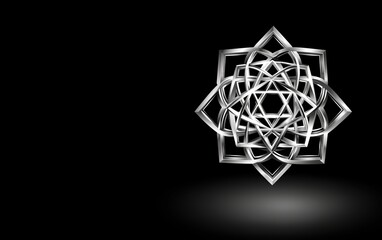 A radiant geometric symbol with intricate patterns, set against a black background, showcasing elegance and depth.
