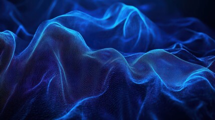 Obraz premium A sea of flowing blue holographic silk-like textures illuminated with a neon gradient glow on a dark abyss.