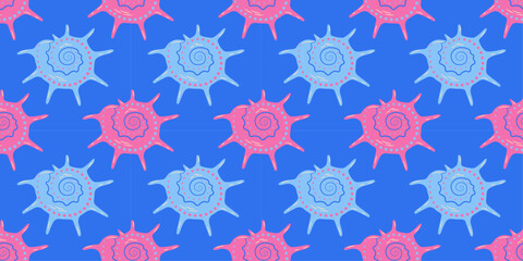 Seamless pattern with sea shells Hand drawn trendy flat style seashell. Tropical beach shells. Summer seamless pattern. Vector illustration
