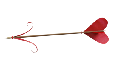 Cupid's love arrow flying with red ribbon and heart shaped fletching on transparent background