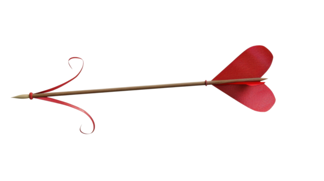 Cupid's love arrow flying with red ribbon and heart shaped fletching on transparent background