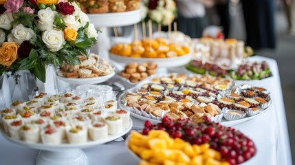 Elegantly adorned event table with assorted snacks for corporate birthday or wedding celebration