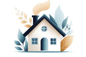 A flat icon of a house with a slanted roof and a chimney, drawn in bold lines and filled with a calming gradient of blues and greens