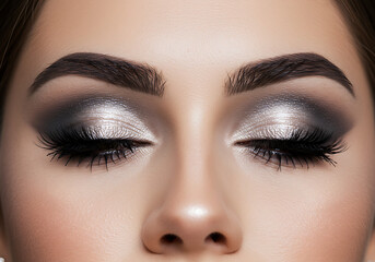 Naklejka premium Close-up of woman's eyes with dramatic metallic eyeshadow. A detailed beauty shot showing a woman's closed eyes with bold, shimmery makeup and perfectly shaped eyebrows