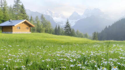 Fototapeta premium serene landscape featuring wooden cabin surrounded by lush green grass and wildflowers, with majestic mountains in background