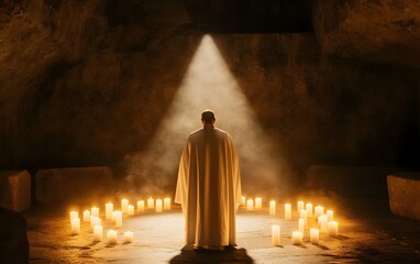 Mystical Vigil: A solitary figure, cloaked in contemplation, stands illuminated by a celestial beam amidst a circle of flickering candles, conjuring a scene of reverence and spiritual enlightenment.