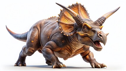 Obraz premium Triceratops Dinosaur Action Pose, Charging Prehistoric Beast, White Background Stock Photo