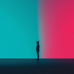 Obraz premium A silhouette stands between two contrasting color gradients.
