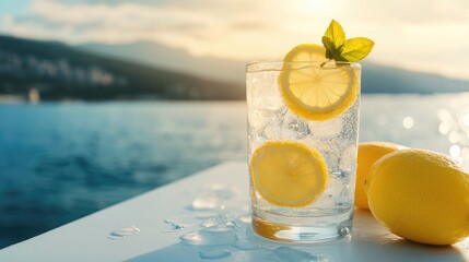Mineral water with lemon and ice on white table near sea and mountains.