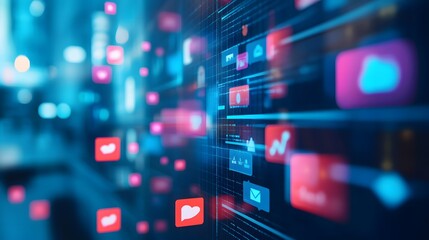 A colorful wall featuring various app icons illustrating the explosion of social media and digital communication platforms