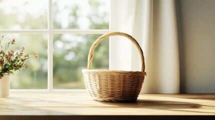 Fototapeta premium Mockup of empty basket on wooden table with tablecloth against window and wall backdrop. Design for Harvest Festival.