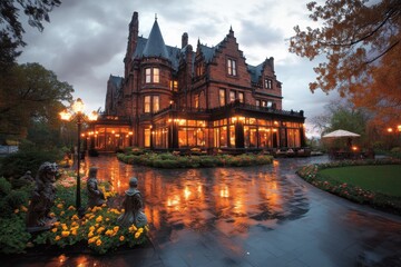 Fototapeta premium A gothic mansion with tall, spiky towers and intricate gargoyle sculptures, illuminated by a dim, eerie moonlight under a stormy sky