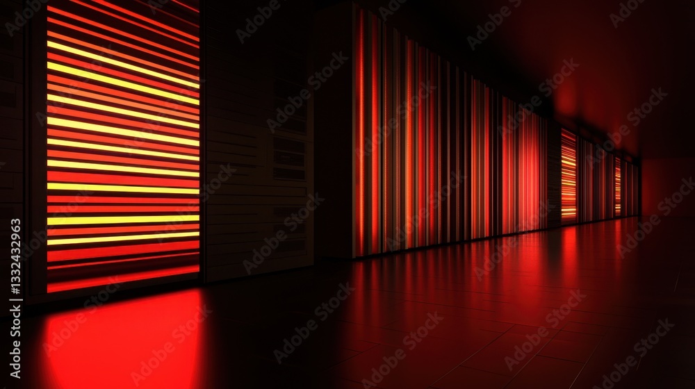 Poster a cloud server room with endless rows of glowing data storage racks.