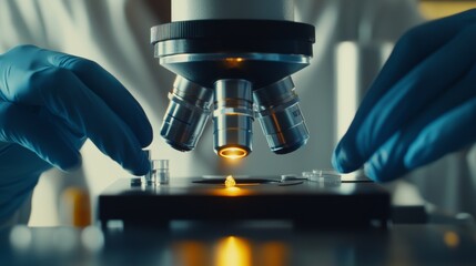 Examining Sample with Microscope in Lab for Medical Research