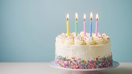 Pastel Buttercream Birthday Cake with Eight Candles on Soft Background