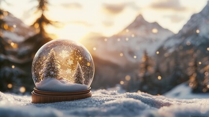 Cozy and serene snow globe scene with a magical landscape of snow capped mountains and a forest illuminated by a warm glow and sparkling snowflakes
