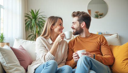 A couple in love on the couch drinking coffee