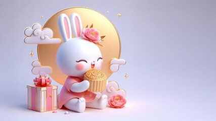 3D cute cartoon rabbit holding mooncake, Chinese Mid Autumn Festival. 