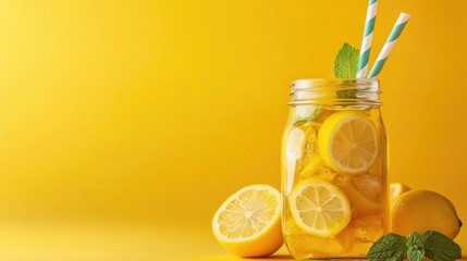 Fototapeta premium Refreshing Lemon Tea Summer Beverage with Yellow and Mint Background, Text Space